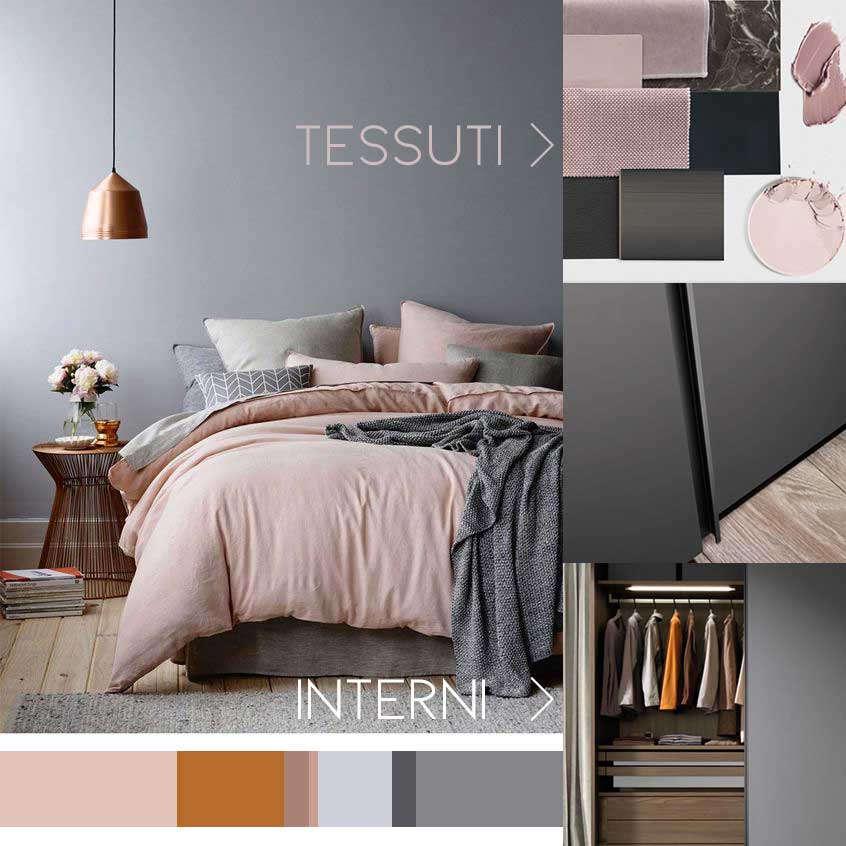 infografica per social: letto con lenzuoli rosa, trucchi rosa, anta armadio grigio e interno armadio con abiti.